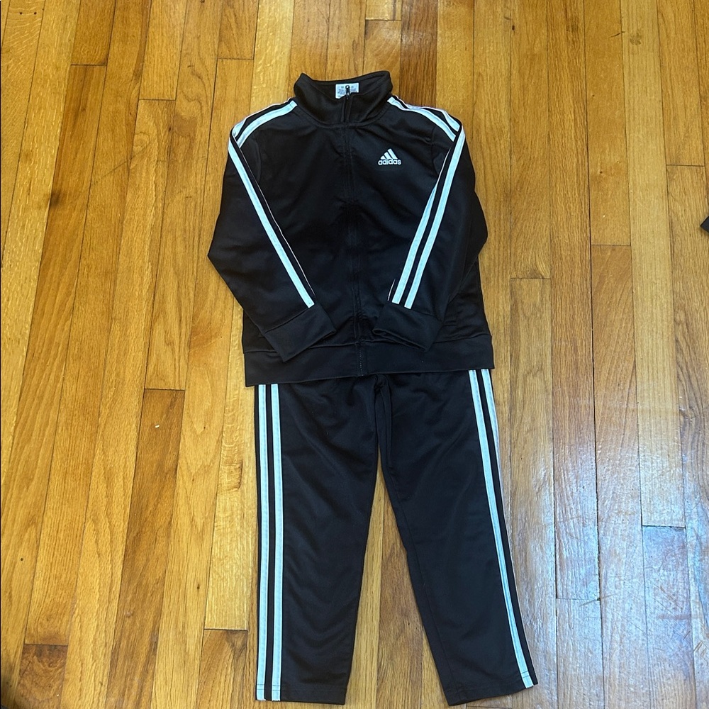 Kid’s Adidas Black Tracksuit with Light Blue Stripes